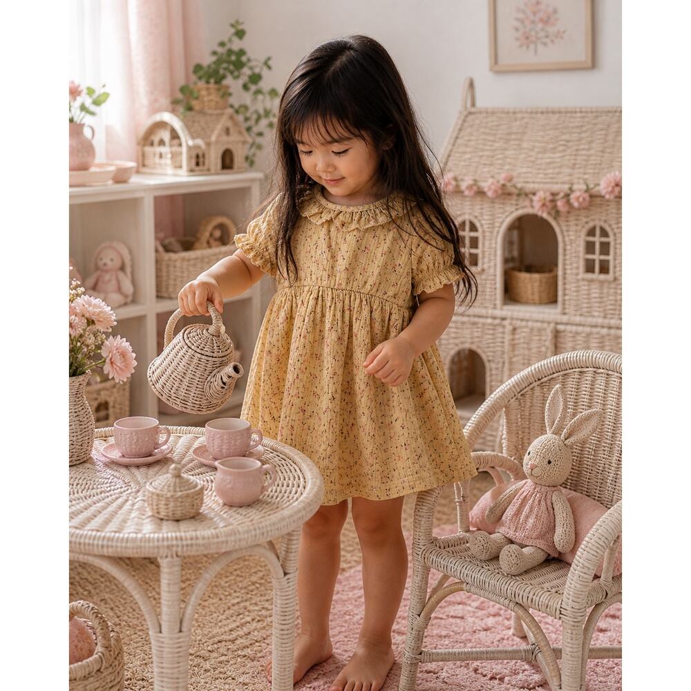 New Darling Golden Floral Minimalist Muslin Gauzy Dress 3T/4T